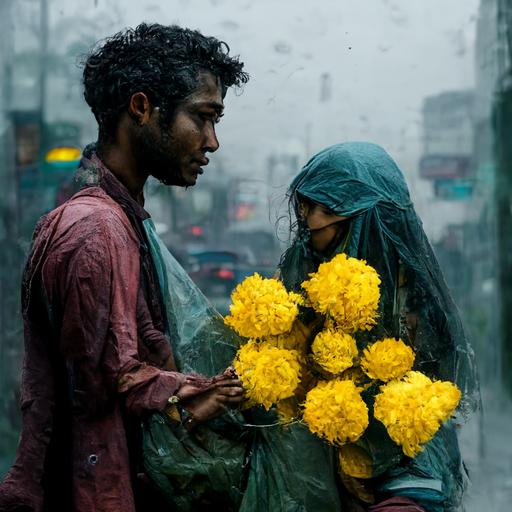 A bangladeshi young man comes to meet his girlfriend on a rainy day on a busy street.He brings bundle of yellow cadamba flower for his girlfriend.