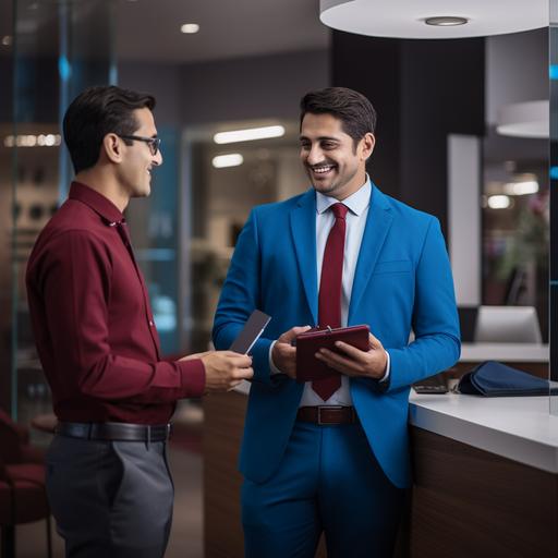 A bank employees dressed in Blue tshirt, maroon tie and blue pant. He has a electronic tablet in his hand. He is speaking with a rich customer inside the branch