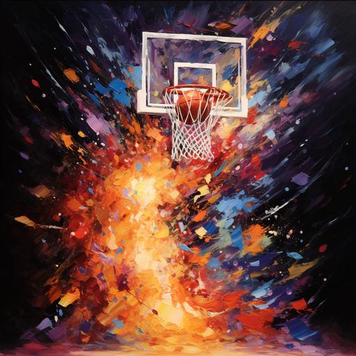 A basketball goal with its net catching fire as the basketball goes through the net in a powerful expressive oil painting, depicted as an explosion of a spectacular nebula. By LeRoy Neiman. 8k --v 5.2