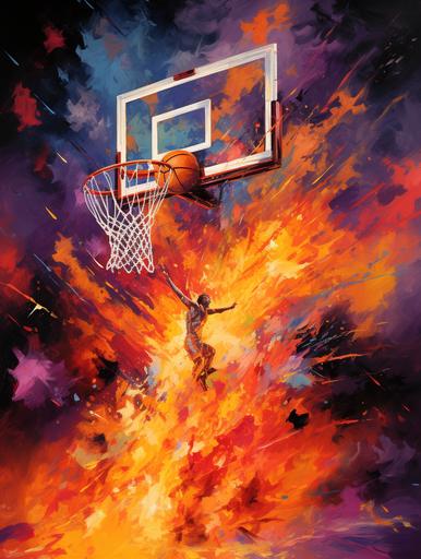 A basketball goal with its net catching fire as the basketball goes through the net in a powerful expressive oil painting, depicted as an explosion of a spectacular nebula. By LeRoy Neiman. 8k --ar 18:24 --v 5.2
