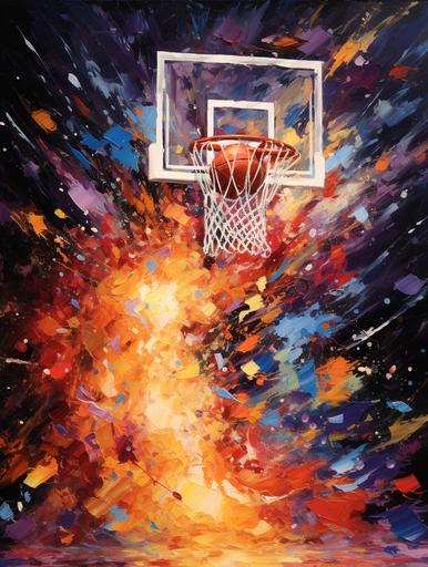 A basketball goal with its net catching fire as the basketball goes through the net in a powerful expressive oil painting, depicted as an explosion of a spectacular nebula. By LeRoy Neiman. 8k --ar 18:24 --v 5.2
