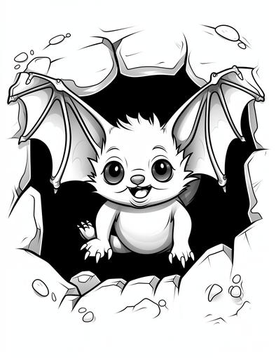A bat baby hanging upside down in a cave, Coloring page, cartoon style, white background --ar 17:22