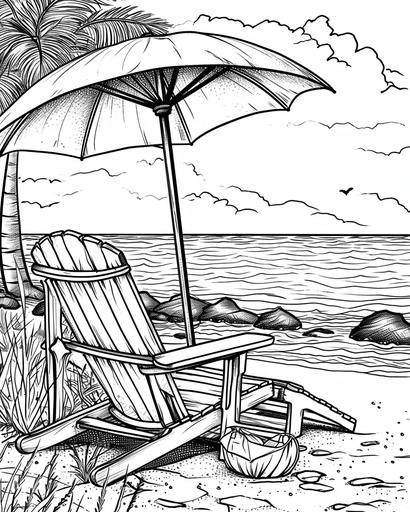 A beach chair and umbrella overlooking the sea, coloring page for adults, thick lines, black and white, greyscale --ar 4:5 --v 6.0