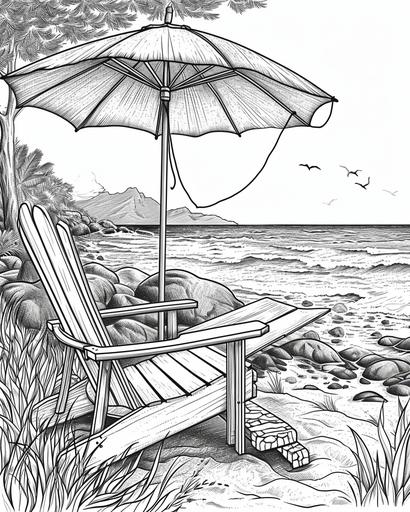 A beach chair and umbrella overlooking the sea, coloring page for adults, thick lines, black and white, greyscale --ar 4:5 --v 6.0