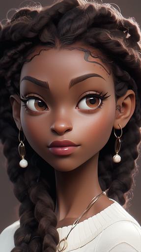 A beautiful 22-year-old African-American woman with matte dark skin and braided hair. Her eyes are hazel. She has a small African-type nose and full lips. Pear-shaped figure. Realism. --ar 9:16 --niji 5 --style expressive
