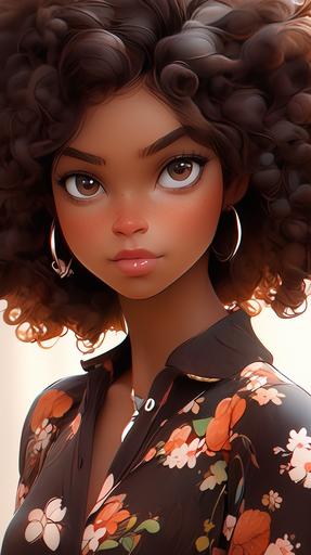 A beautiful 22-year-old African American woman with matte dark skin and curly hair. Eyes: hazel. She has a small African-type nose and full lips. Pear-shaped figure. Realism. --ar 9:16 --niji 5 --style expressive