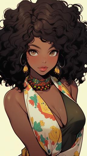 A beautiful 22-year-old African American woman with matte dark skin and thick curly hair. Eyes: hazel. She has a small African-type nose and full lips. Pear-shaped figure --ar 9:16 --niji 5 --style expressive