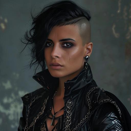A beautiful Arabic woman in her late twenties with a punk sideshave undercut haircut, dressed in black leather, rogue inquisitor, dark eyes, black hair, pirate ninja, fantasy rogue, hyperrealistic