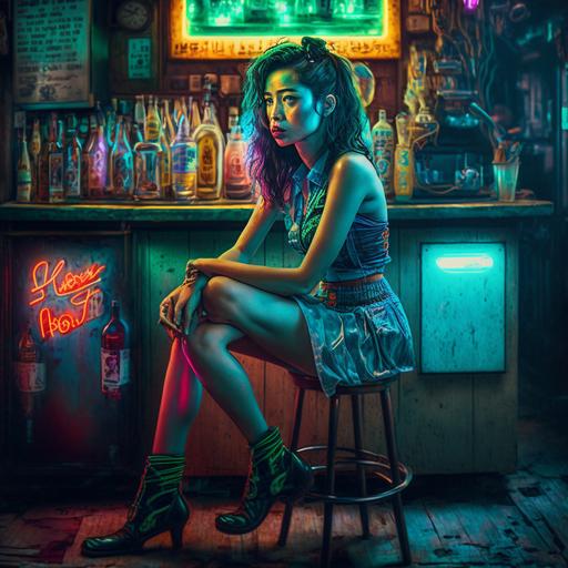 A beautiful Asian woman in a mini skirt and strappy high heels, sitting on a bar stool with her legs crossed, sipping a fluorescent cocktail; the location is a grungy dive bar with moody, atmospheric lighting, neon signs; tiki bar; kitsch decor; psychedelic; hyper realistic