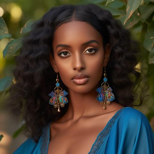 A beautiful Ethiopian woman model wearing blue butterfly earrings🦋