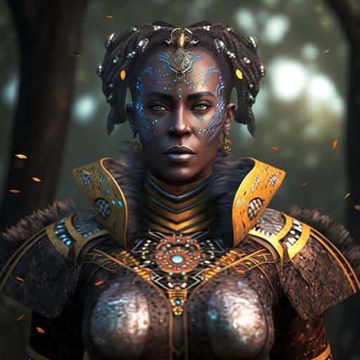 A beautiful Massai woman warrior with a futuristic ethnic style leopard costume singing in the forest, cinematic, 8k, character design, hyperrealistic, octane render,