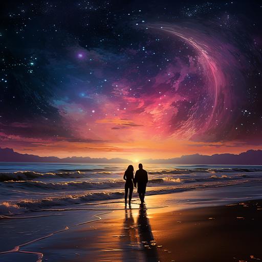 A beautiful beach scene in space with two lovers silhouette. A bright earth view in the horizon.