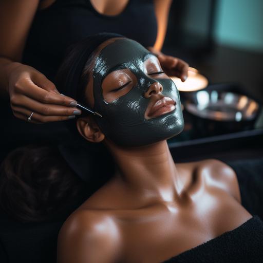 A beautiful black woman enjoying facial treatment with full white mask in the beauty spa with a professional black woman, 8k