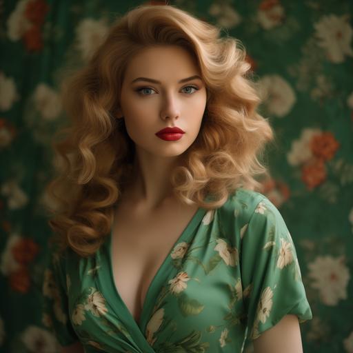 A beautiful blond haired girl wearing a green retro dress, flower in her hairs, film photography style, photorealistic.