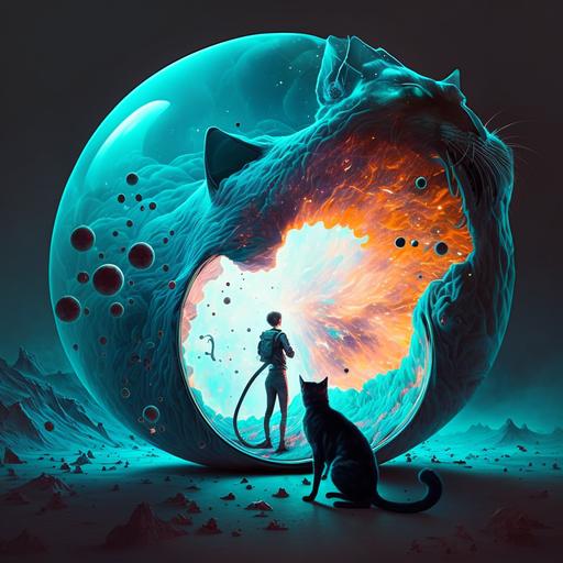 A beautiful cat holding a parachute and wearing a dressA man sits in a doctor's chair with a doctor above him adjusting his brain:: black hole::1 cyan::1
