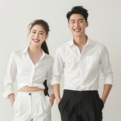 A beautiful couple photo of Korea in their 19s wearing a pair of ivory slim-fit slacks and a white shirt with men wearing the same design as the woman's slacks but black color and a white shirt barking a smile-- full-length photographs, natural skin, natural hairstyles, model poses, surreal, white background, day--1 --ar 1:1 --v 6.0