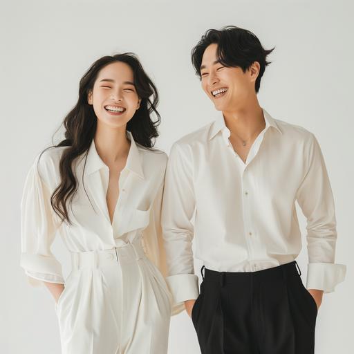 A beautiful couple photo of Korea in their 19s wearing a pair of ivory slim-fit slacks and a white shirt with men wearing the same design as the woman's slacks but black color and a white shirt barking a smile-- full-length photographs, natural skin, natural hairstyles, model poses, surreal, white background, day--1 --ar 1:1 --v 6.0