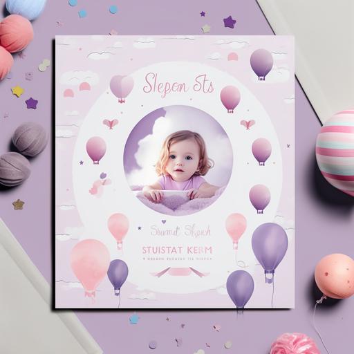 A beautiful cute and minimalist postcard invitation design for first birthday of a girl. Use pink and purple color palette. Make it cheerful and appealing with a circle to put the photo in the center