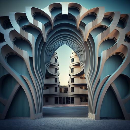 A beautiful designed architectural building entrance::multiple arched ribbons in a symmetrical Helix, leads into entrance::projected look & feel of ocean waves, beautiful Aquamarine waves, moving over the great ribbon bands of the building, ultra-realism, photo-realism, modern, sleek building with the most beautiful curves, as if in a sign of a 'great ocean Wave', beautiful senset rising, stellar design