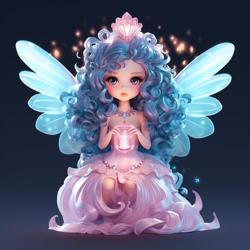 A beautiful fairy, with long blue curly hair, pink transparent wings, shining above the wings, wearing a light pink gauze skirt, wearing a crown on the head, the crown has gems on the hand with the shape of a heart, cartoon style