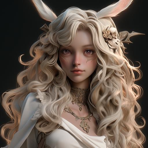A beautiful femal Viera with Hazel eyes and long blonde hair and bunny ears. Equipped with a beautiful white dress and caucasian colored skin. Ultra Realistic --niji 5 --style expressive