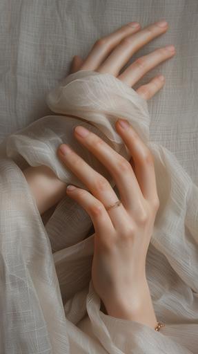 A beautiful hand of a woman , close-up of the hand, fine details, elegant temperament, light gray linen background, movie lighting, strong contrast, light gold and beige, in layered organic form style, eve ventrue, tinycore, wood, exquisite aesthetic sensibility, vivienne tam, xiaofei yue, minimalism, 8k – testp --ar 9:16 --v 6.0
