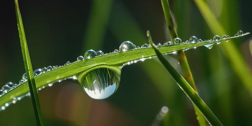 A beautiful large drop of dew on a blade of grass in the morning light. Water drop in nature closeup macro --ar 16:8 --q 2 --v 5 --upbeta