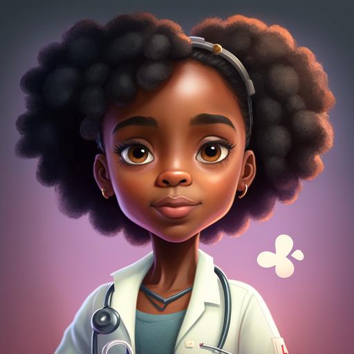 A beautiful little black girl imagining herself as a grown up veterinarian, cartoon style, 4k, realistic --v 4