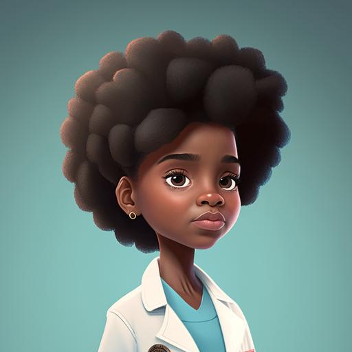 A beautiful little black girl imagining herself as a grown up veterinarian, cartoon style, 4k, realistic --v 4