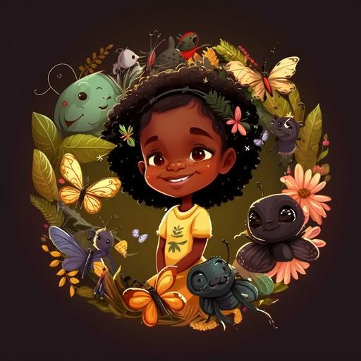 A beautiful little black girl with a big smile sitting in the middle of a circle of animals and insects, cartoon style, 4k, realistic --v 4