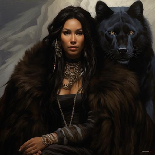 A beautiful native american woman wearing a black panther fur pelt. She is a hairy gorgeous wild woman native american goddess. Jacques - Louis David art style