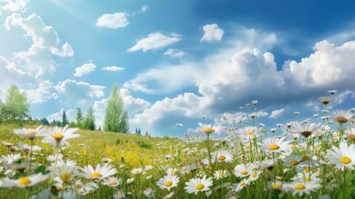 A beautiful, sun-drenched spring summer meadow. very bright day ,Natural colorful panoramic landscape with many wild flowers of daisies against blue sky with beautiful white clouds. A frame with soft selective focus., 8k, --ar 16:9