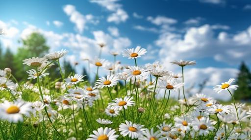 A beautiful, sun-drenched spring summer meadow. very bright day ,Natural colorful panoramic landscape with many wild flowers of daisies against blue sky with beautiful white clouds. A frame with soft selective focus., 8k, --ar 16:9