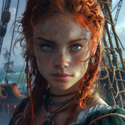 A beautiful teen, female, thick build, red hair, storm sorceress, bright green eyes, freckles, pale skin, standing in front of a pirate ship