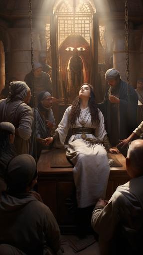 A beautiful woman lies in an ancient Egyptian medical examination room with covered in oil, pale skin, physicians and attendants around her, an air of ancient medical practice. hyperrealistic --ar 9:16