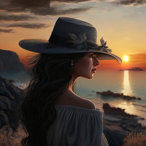 A beautiful woman, with a Colombian hat, beautiful black hair and a beautiful body, in a suit, watching the sunset at the beach, on an island in Greece, with a touch of fantasy