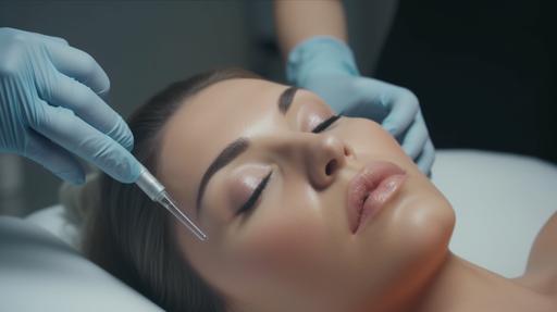 A beautiful women whos in the middle of a body sculpting appointment lying down on the beauty bed, medical spa room, female with perfect body & skin lying down on the beauty bed whilst getting her face botox injections from a female esthetician, hyper realistic, medium shot, humans, 4k --v 5 --ar 16:9