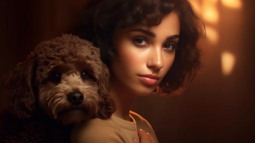 A beautiful young latina woman with a small mole upside her lips and straight dark hair with a light brown poodle breed dog in her arms. realistic style 135mm, real photo. photography award winner. 8K photorealistic, insanely detailed, f5.6 --ar 16:9