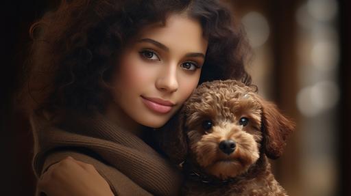 A beautiful young latina woman with a small mole upside her lips and straight dark hair with a light brown poodle breed dog in her arms. realistic style 135mm, real photo. photography award winner. 8K photorealistic, insanely detailed, f5.6 --ar 16:9