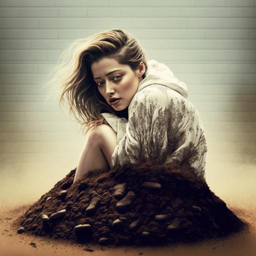 A bed with a brown dirt pile in the middle of it. there is a female squatting over the dirt pile. the female looks like this image