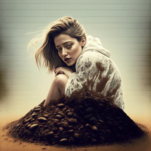 A bed with a brown dirt pile in the middle of it. there is a female squatting over the dirt pile. the female looks like this image