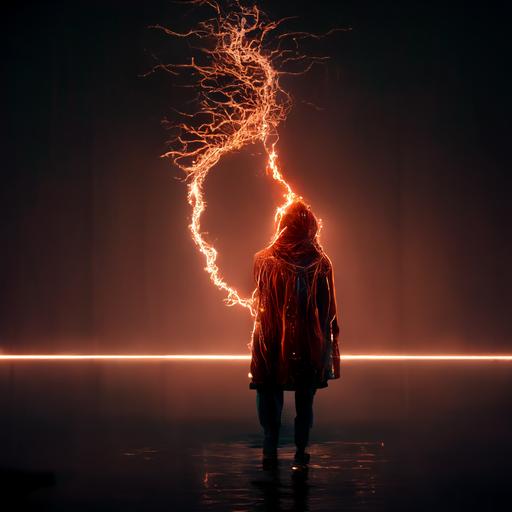 A being of enormous intellect , created of shadows, and light, and of fire and water, it's only source of food is harvesting electricity from lightning, Human like appearance,it can manipulate spacetime through gravity convergence, and loves karaoke,hd, 8k, hyperrealistic , Cinematic, dramatic lighting,  octane render,detail