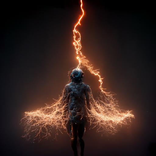A being of enormous intellect , created of shadows, and light, and of fire and water, it's only source of food is harvesting electricity from lightning, Human like appearance,it can manipulate spacetime through gravity convergence, and loves karaoke,hd, 8k, hyperrealistic , Cinematic, dramatic lighting, octane render,detail