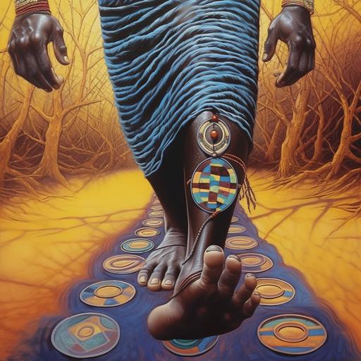A big black giant runs and I see the sole of his feet. a Human eye is drawn on the soles of the feet, african style painting,