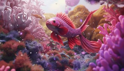 A big carp in the center of the frame, dragon scales in purple red and pink twirling in a magic garden kelp underwater with some depth and mountain dunes in the background cosmetic commercial aesthetic 4k render --ar 7:4