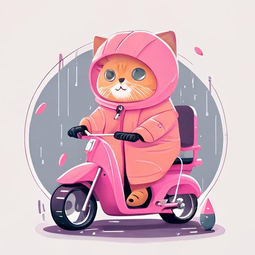 A big-eyed cat in a pink raincoat is riding a mini bike. flat vector illustration