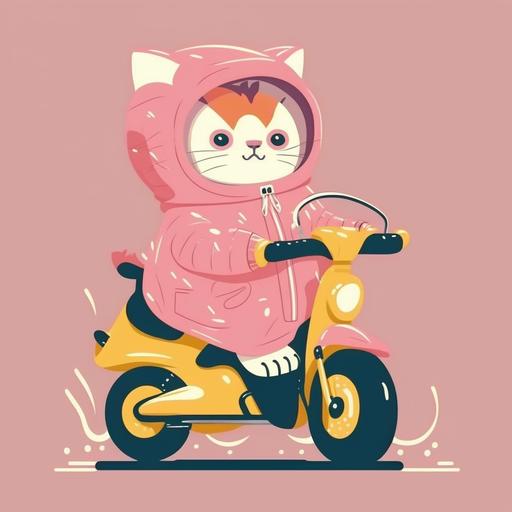 A big-eyed cat in a pink raincoat is riding a mini bike. flat vector illustration