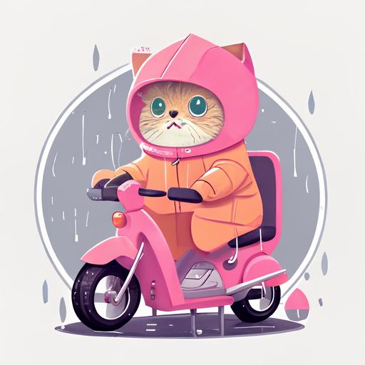 A big-eyed cat in a pink raincoat is riding a mini bike. flat vector illustration