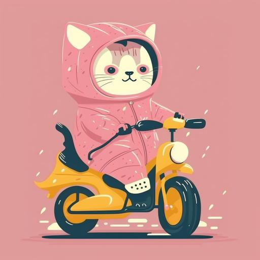 A big-eyed cat in a pink raincoat is riding a mini bike. flat vector illustration