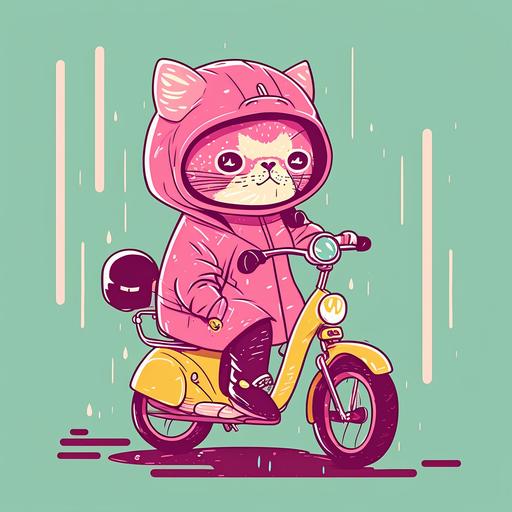 A big-eyed cat in a pink raincoat is riding a mini bike. flat vector illustration